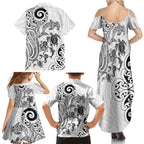 New Zealand Sea Animals with Maori Tribal Tattoo Family Matching Summer Maxi Dress and Hawaiian Shirt White Color