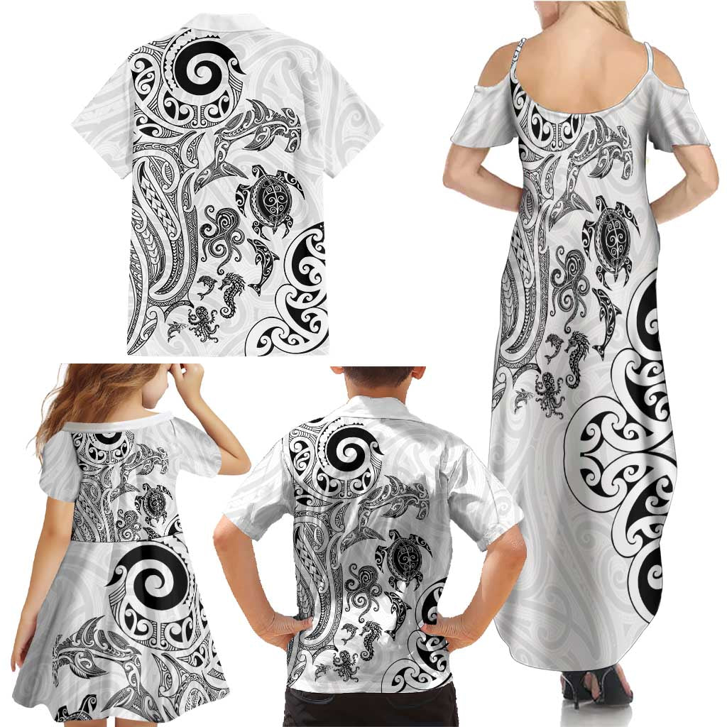 New Zealand Sea Animals with Maori Tribal Tattoo Family Matching Summer Maxi Dress and Hawaiian Shirt White Color