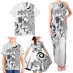 New Zealand Sea Animals with Maori Tribal Tattoo Family Matching Tank Maxi Dress and Hawaiian Shirt White Color