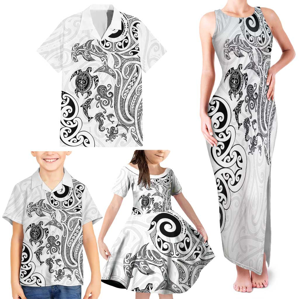 New Zealand Sea Animals with Maori Tribal Tattoo Family Matching Tank Maxi Dress and Hawaiian Shirt White Color