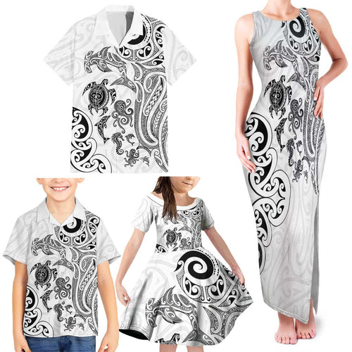 New Zealand Sea Animals with Maori Tribal Tattoo Family Matching Tank Maxi Dress and Hawaiian Shirt White Color