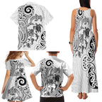 New Zealand Sea Animals with Maori Tribal Tattoo Family Matching Tank Maxi Dress and Hawaiian Shirt White Color