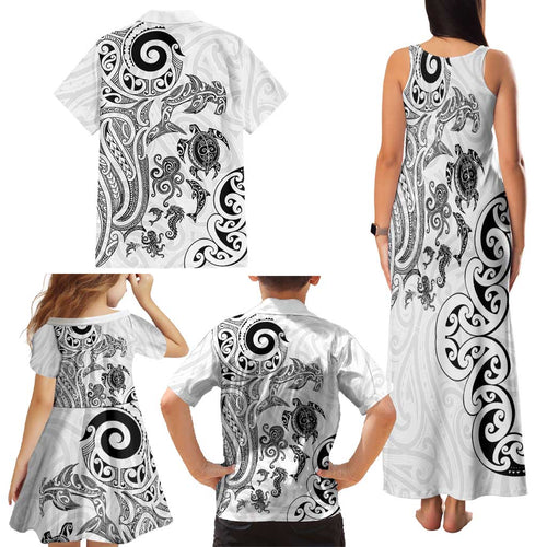New Zealand Sea Animals with Maori Tribal Tattoo Family Matching Tank Maxi Dress and Hawaiian Shirt White Color