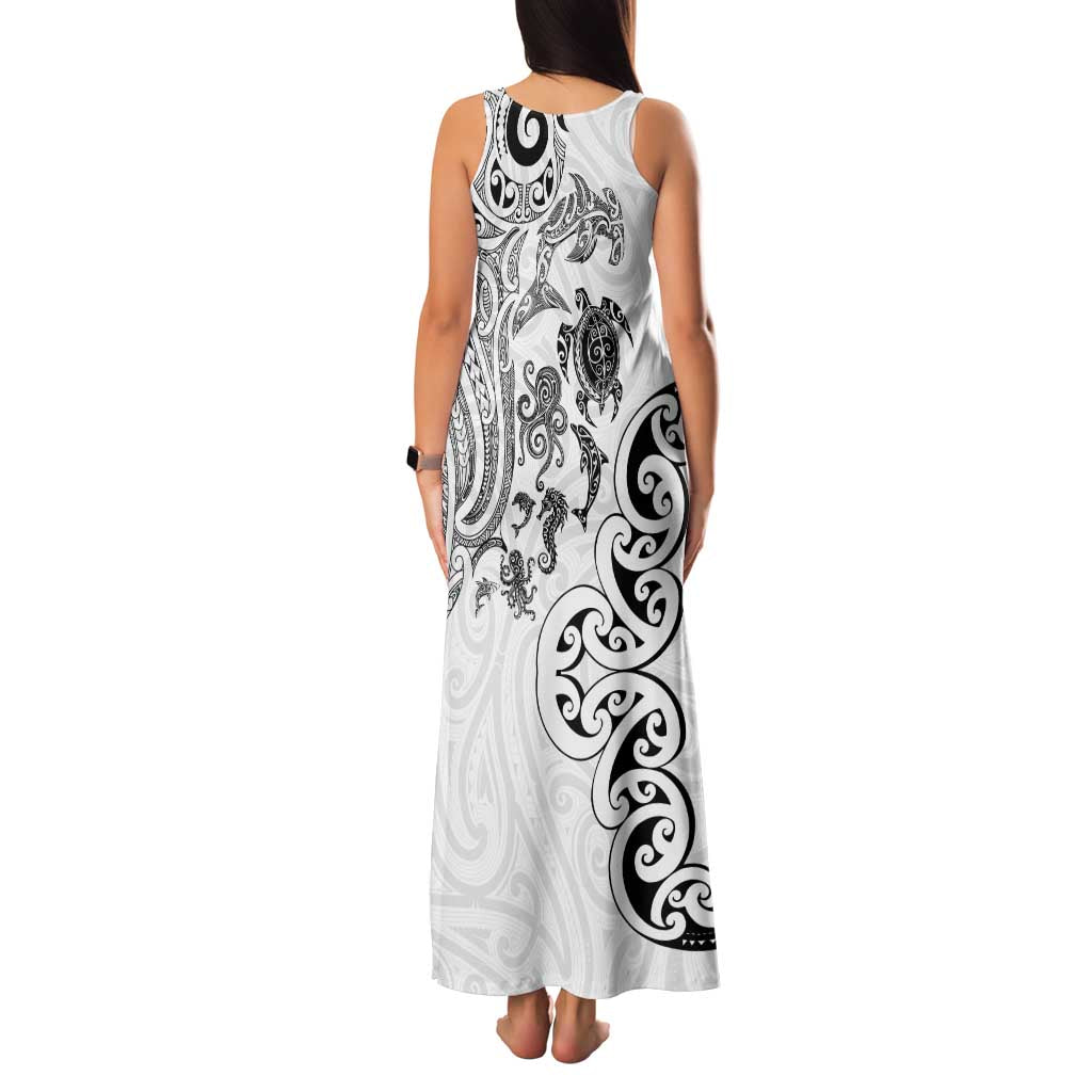 New Zealand Sea Animals with Maori Tribal Tattoo Family Matching Tank Maxi Dress and Hawaiian Shirt White Color