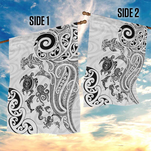 New Zealand Sea Animals with Maori Tribal Tattoo Garden Flag White Color