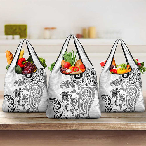 New Zealand Sea Animals with Maori Tribal Tattoo Grocery Bag White Color