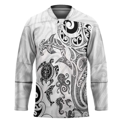 New Zealand Sea Animals with Maori Tribal Tattoo Hockey Jersey White Color