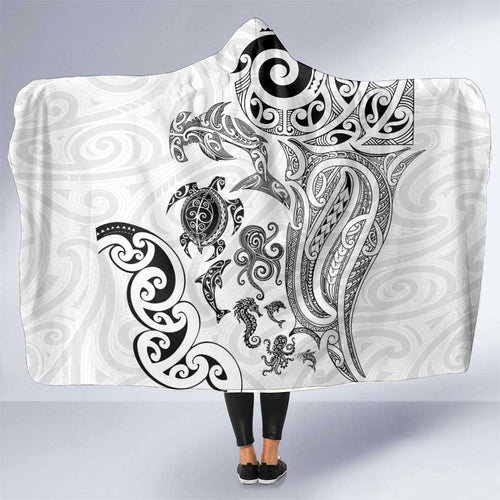 New Zealand Sea Animals with Maori Tribal Tattoo Hooded Blanket White Color