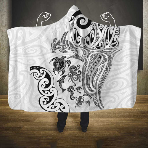 New Zealand Sea Animals with Maori Tribal Tattoo Hooded Blanket White Color