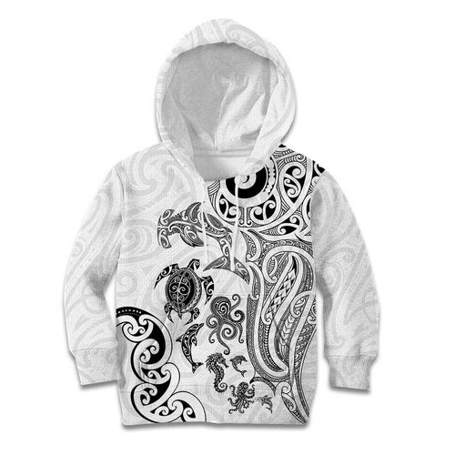 New Zealand Sea Animals with Maori Tribal Tattoo Kid Hoodie White Color