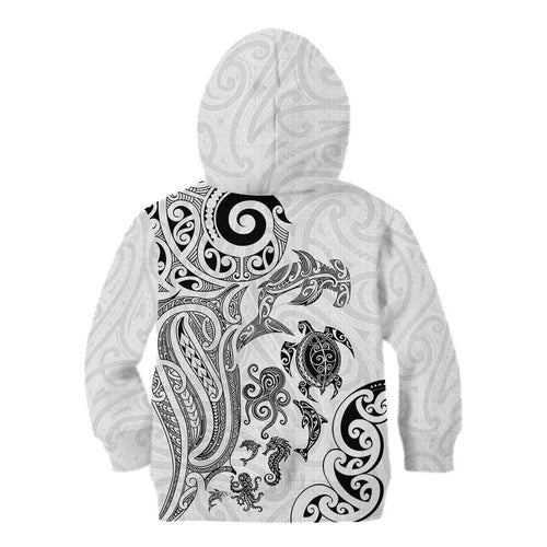 New Zealand Sea Animals with Maori Tribal Tattoo Kid Hoodie White Color