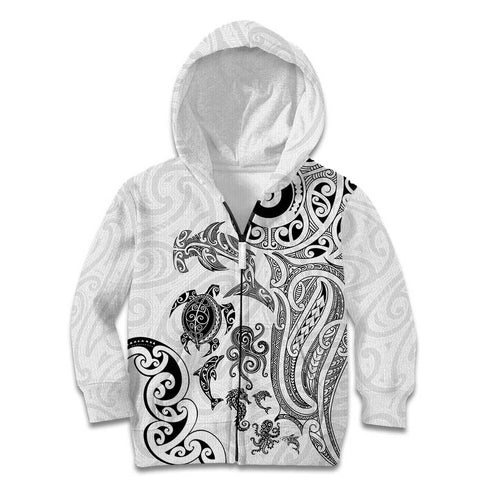 New Zealand Sea Animals with Maori Tribal Tattoo Kid Hoodie White Color