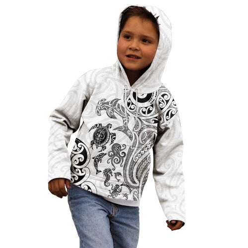 New Zealand Sea Animals with Maori Tribal Tattoo Kid Hoodie White Color