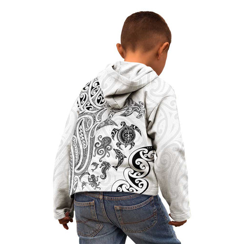 New Zealand Sea Animals with Maori Tribal Tattoo Kid Hoodie White Color