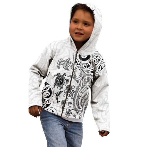 New Zealand Sea Animals with Maori Tribal Tattoo Kid Hoodie White Color