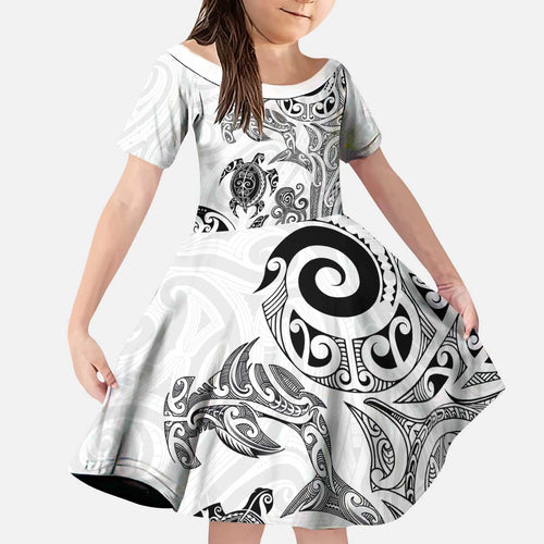 New Zealand Sea Animals with Maori Tribal Tattoo Kid Short Sleeve Dress White Color