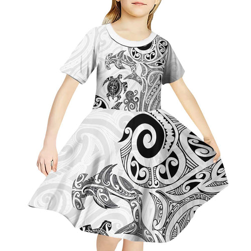 New Zealand Sea Animals with Maori Tribal Tattoo Kid Short Sleeve Dress White Color