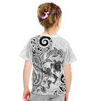 New Zealand Sea Animals with Maori Tribal Tattoo Kid T Shirt White Color