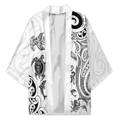 New Zealand Sea Animals with Maori Tribal Tattoo Kimono White Color