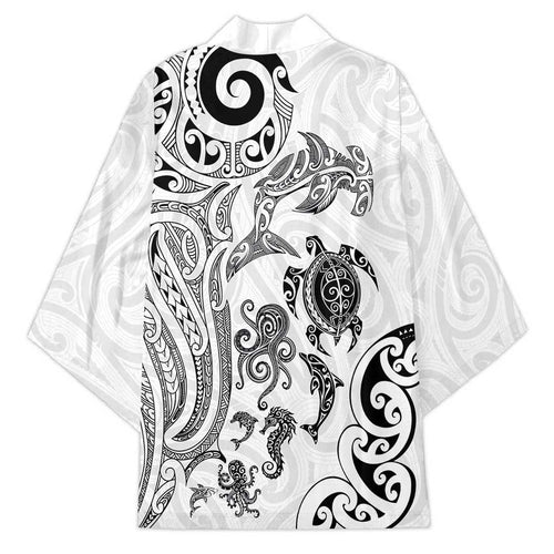 New Zealand Sea Animals with Maori Tribal Tattoo Kimono White Color