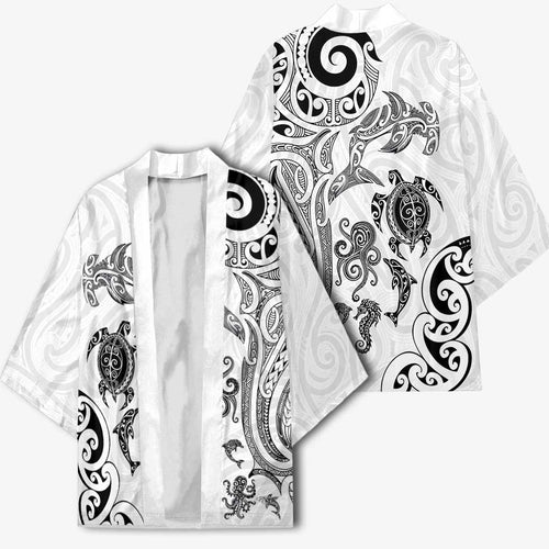 New Zealand Sea Animals with Maori Tribal Tattoo Kimono White Color