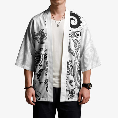 New Zealand Sea Animals with Maori Tribal Tattoo Kimono White Color