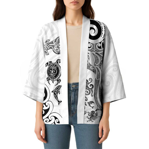 New Zealand Sea Animals with Maori Tribal Tattoo Kimono White Color