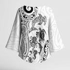 New Zealand Sea Animals with Maori Tribal Tattoo Kimono Sleeve Blouse White Color