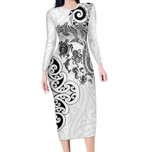New Zealand Sea Animals with Maori Tribal Tattoo Long Sleeve Bodycon Dress White Color