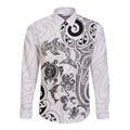 New Zealand Sea Animals with Maori Tribal Tattoo Long Sleeve Button Shirt White Color