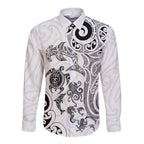 New Zealand Sea Animals with Maori Tribal Tattoo Long Sleeve Button Shirt White Color