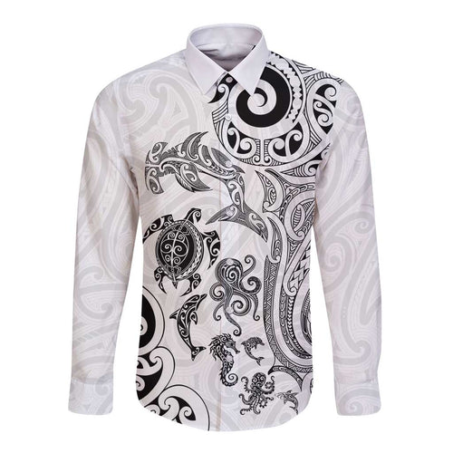 New Zealand Sea Animals with Maori Tribal Tattoo Long Sleeve Button Shirt White Color