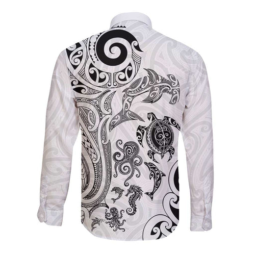 New Zealand Sea Animals with Maori Tribal Tattoo Long Sleeve Button Shirt White Color