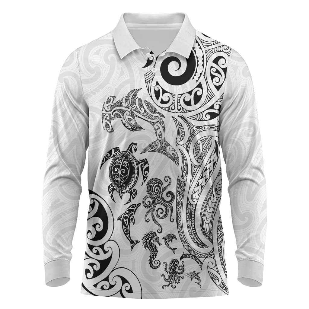 New Zealand Sea Animals with Maori Tribal Tattoo Long Sleeve Polo Shirt White Color
