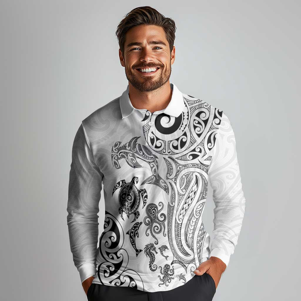 New Zealand Sea Animals with Maori Tribal Tattoo Long Sleeve Polo Shirt White Color