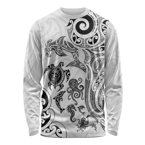 New Zealand Sea Animals with Maori Tribal Tattoo Long Sleeve Shirt White Color