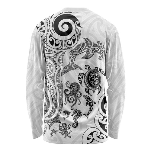 New Zealand Sea Animals with Maori Tribal Tattoo Long Sleeve Shirt White Color