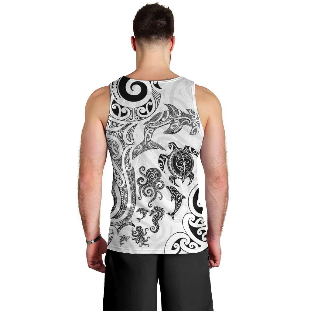 New Zealand Sea Animals with Maori Tribal Tattoo Men Tank Top White Color