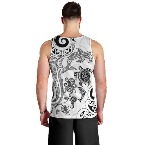 New Zealand Sea Animals with Maori Tribal Tattoo Men Tank Top White Color