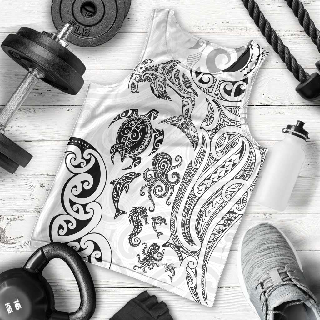 New Zealand Sea Animals with Maori Tribal Tattoo Men Tank Top White Color