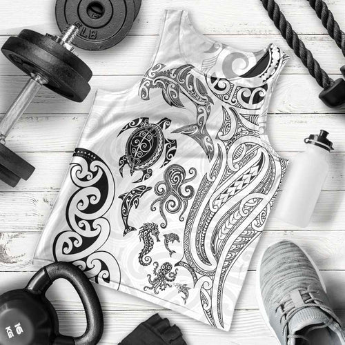 New Zealand Sea Animals with Maori Tribal Tattoo Men Tank Top White Color
