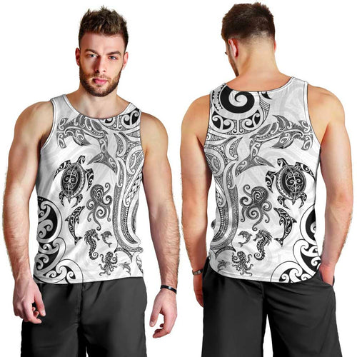 New Zealand Sea Animals with Maori Tribal Tattoo Men Tank Top White Color