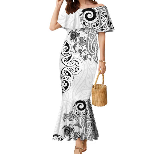 New Zealand Sea Animals with Maori Tribal Tattoo Mermaid Dress White Color