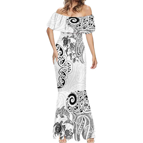 New Zealand Sea Animals with Maori Tribal Tattoo Mermaid Dress White Color