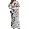 New Zealand Sea Animals with Maori Tribal Tattoo Off Shoulder Maxi Dress White Color