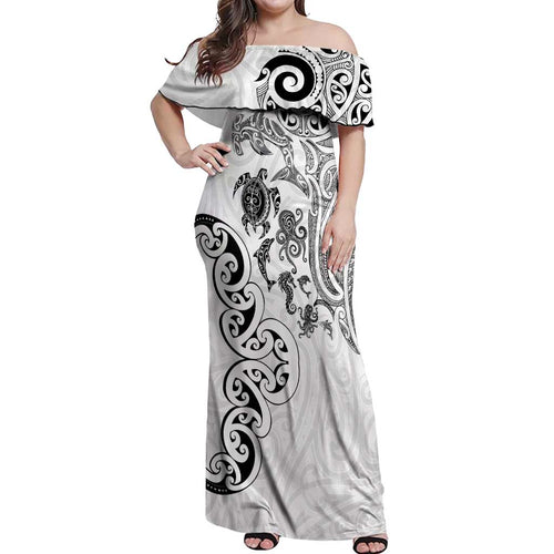 New Zealand Sea Animals with Maori Tribal Tattoo Off Shoulder Maxi Dress White Color