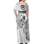 New Zealand Sea Animals with Maori Tribal Tattoo Off Shoulder Maxi Dress White Color