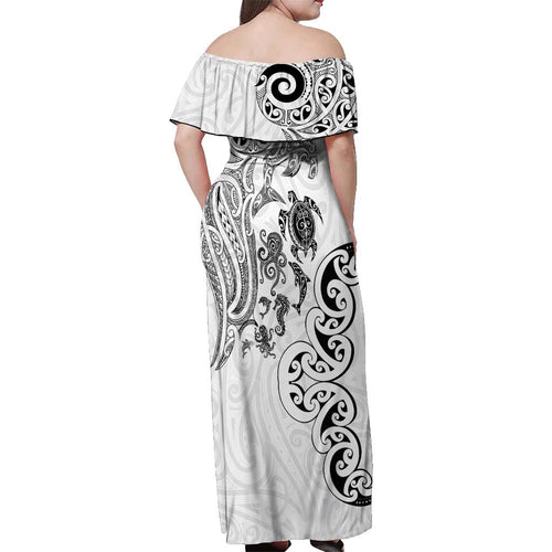 New Zealand Sea Animals with Maori Tribal Tattoo Off Shoulder Maxi Dress White Color