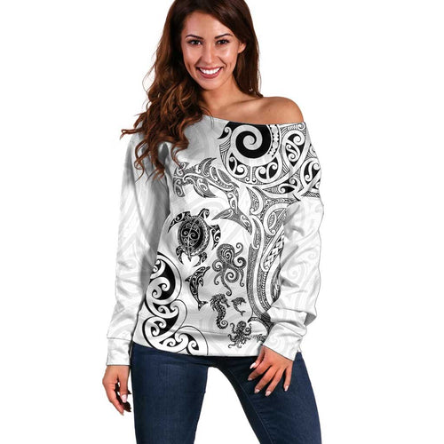 New Zealand Sea Animals with Maori Tribal Tattoo Off Shoulder Sweater White Color