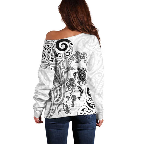 New Zealand Sea Animals with Maori Tribal Tattoo Off Shoulder Sweater White Color
